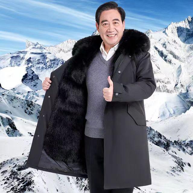 Men's Mid-Length Thickened Parka with Removable Fox Fur Liner and Fur Lining - Winter Coat