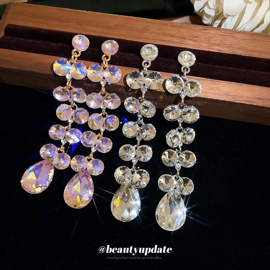 Silver Needle Rhinestone Water Drop Tassel Earrings - Geometric, Luxurious, and Exquisite Statement Accessories.