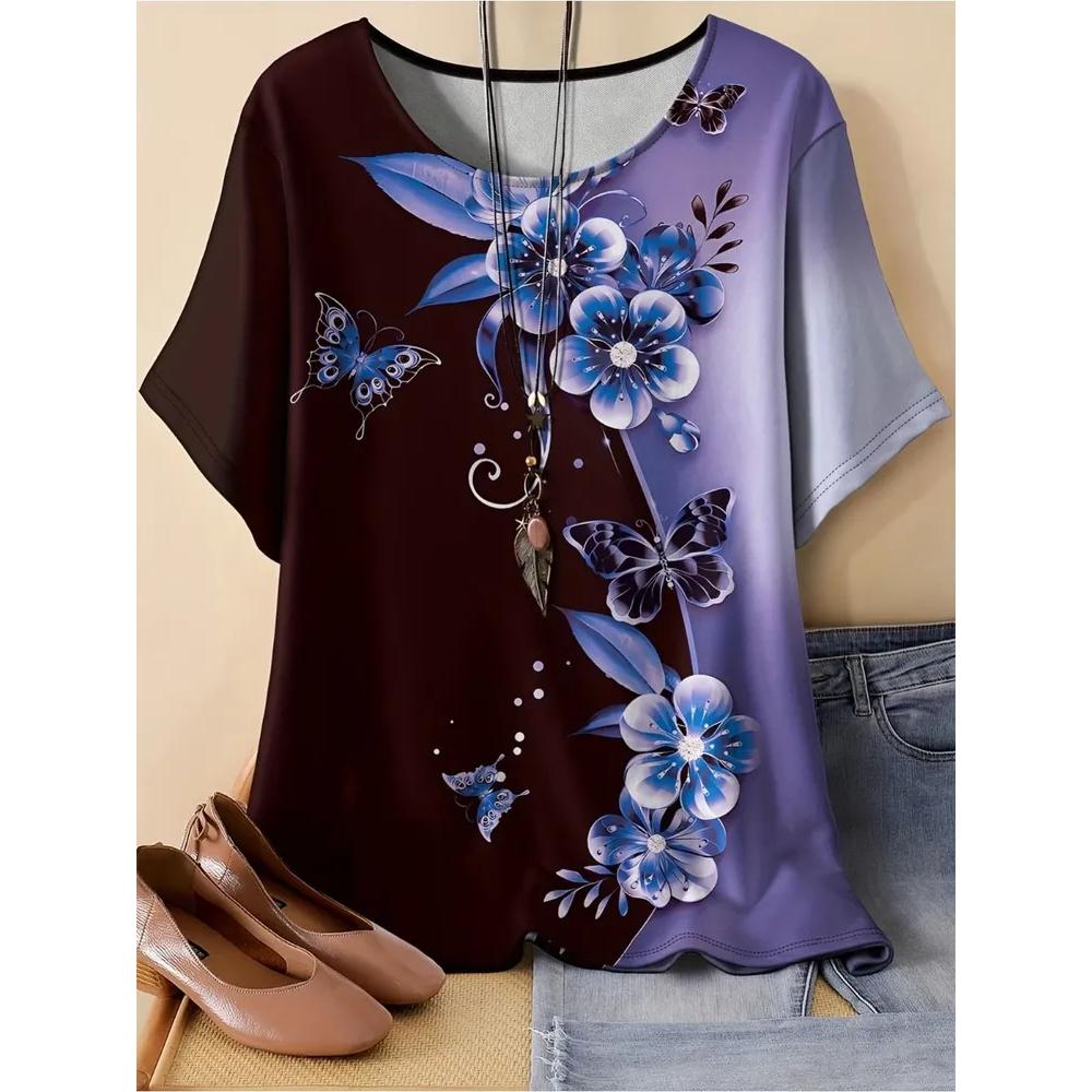 Casual Comfort Women's Top Fashion Versatile Flower Print Short Sleeve Daily Breathable T-Shirts Women’s