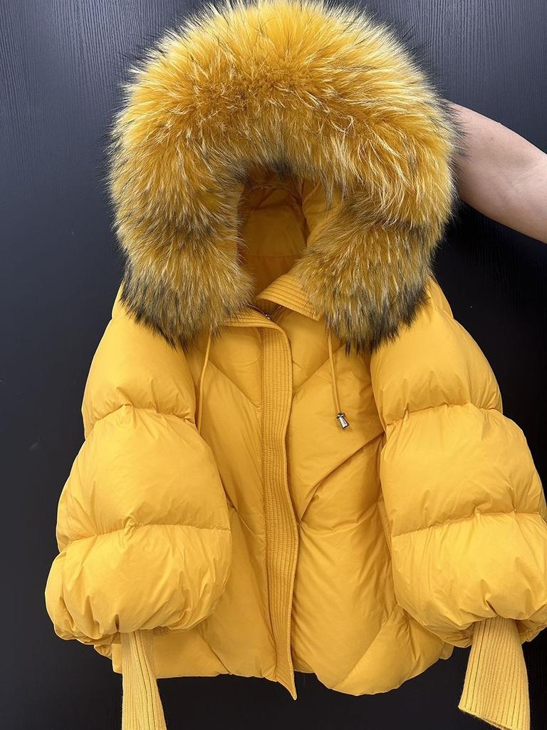 European winter new raccoon big fur collar hooded down jacket women's medium and long thickened warm knitted sleeve jacket