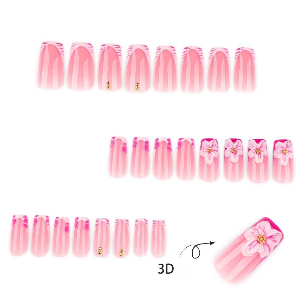 Unghie Finte Lunghe Staccabili Stile Ballerina Fiori Rosa e Strisce Unghie Finte Francesi Unghie Finte Full Cover per Donne