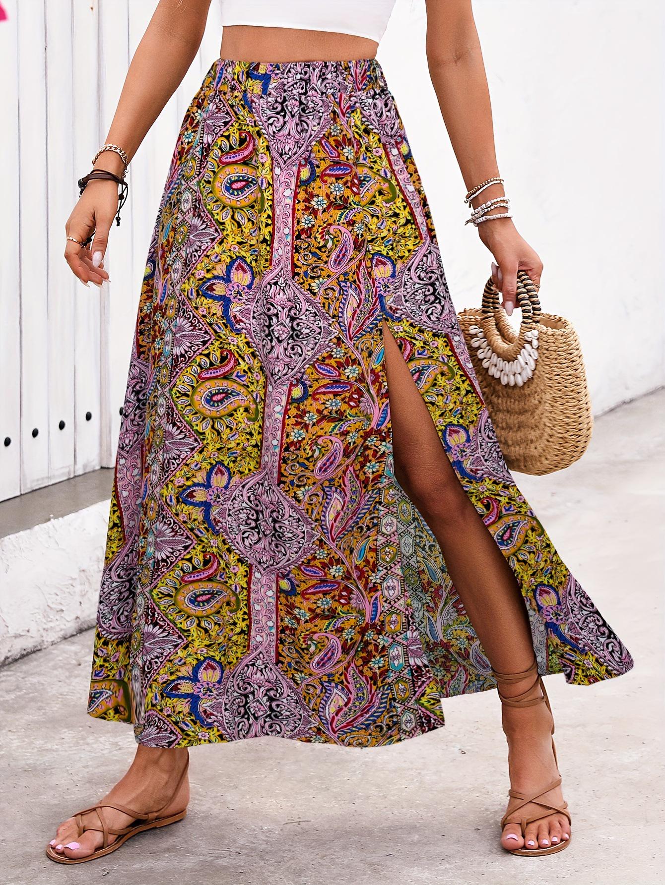 

Ethnic Style Personalized Printed Slit A-Line Midi Skirt for Spring and Summer Women s Fashion. XL