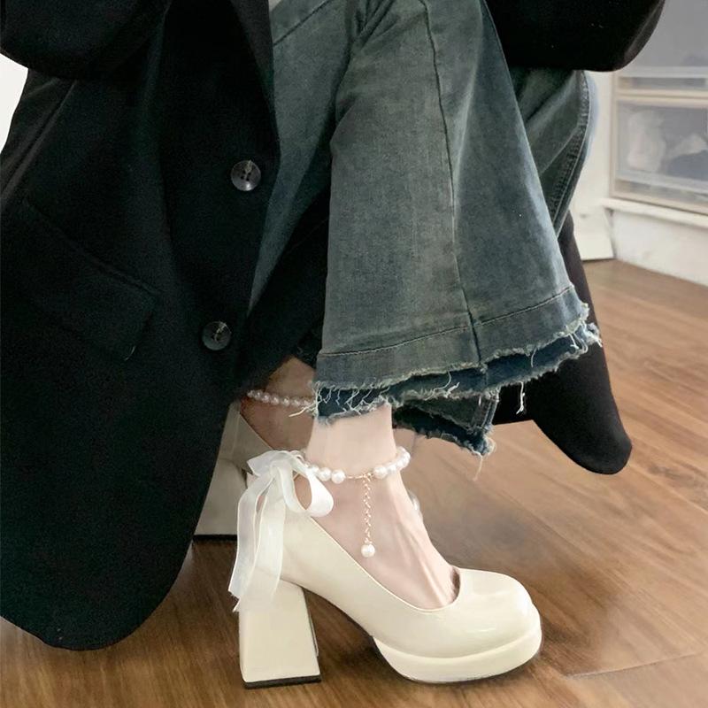 Mary Jane Bowknot Margarite Princess Shoes Thick Heel 2024 New Fashion Casual Simple All-match Solid Color High Heels Autumntime