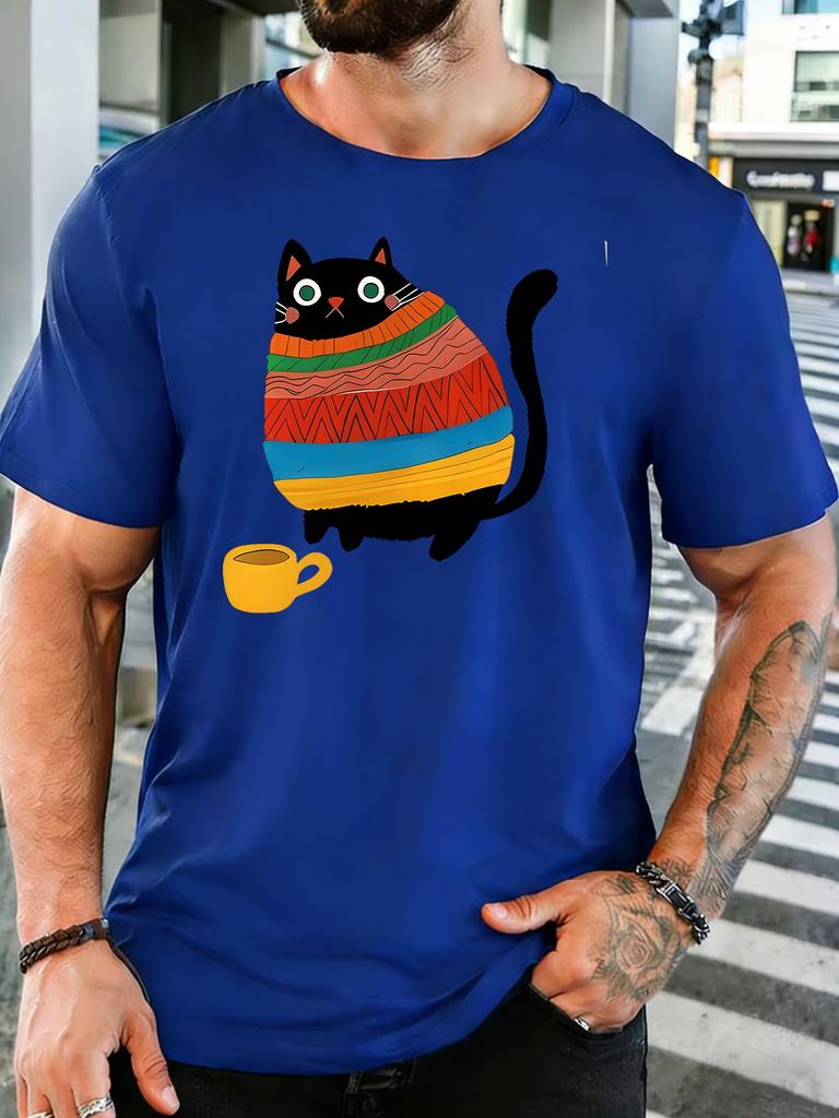 Unisexs White Crew Neck Tee Sweater Black Cat With Coffee Cup Cartoon Print Loose Summer Street Casual Daily Basic Short Sleeve Top