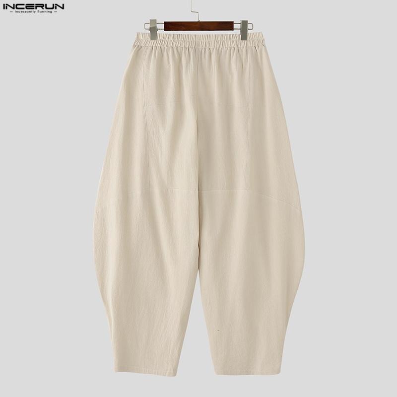 INCERUN Men Elastic Waist Cotton Linen Casual Solid Color Drop-crotch Pants Lantern Trousers