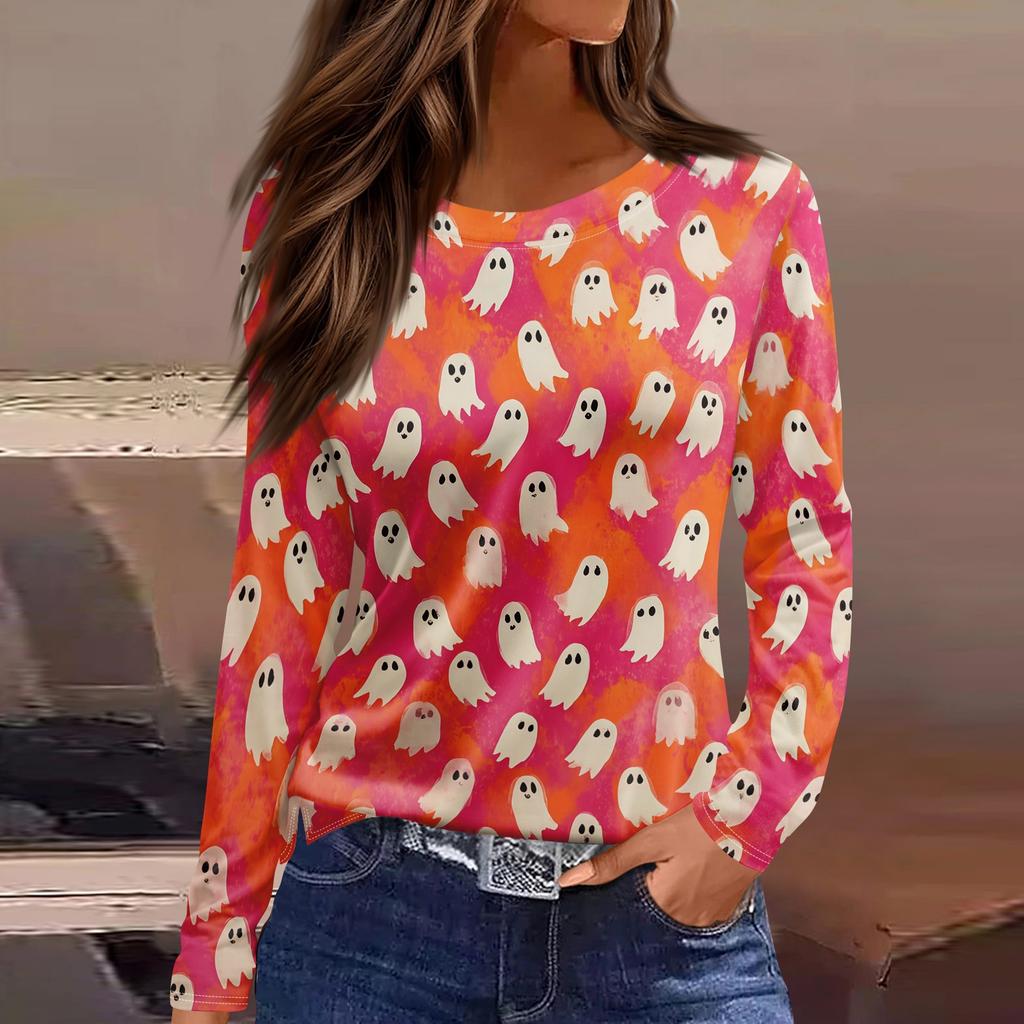 Women's Long Sleeve Halloween T-Shirt with Side Slits Neck Blouse