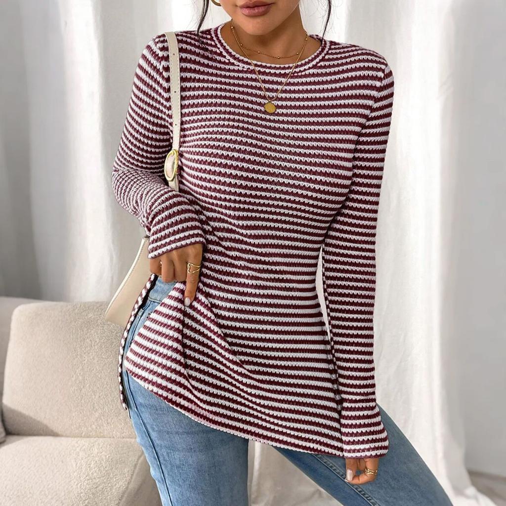Women's Fashion Round Neck Slit Long Sleeve Color Top