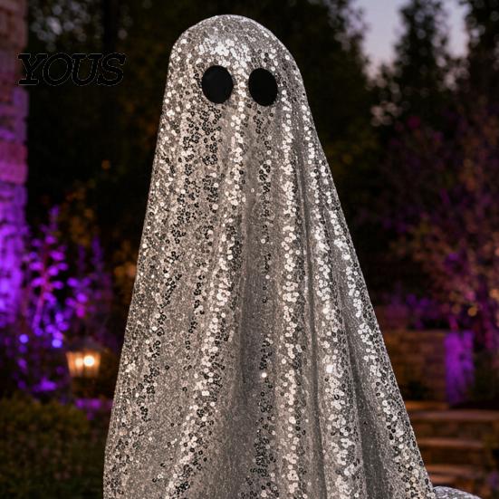 Decorative Ghost Sculpture Halloween Decoration, Outdoor Shiny Figurine with Sequin Cloth, Light Collectible Up Spooky for Parties, Lawn, Porch Decor