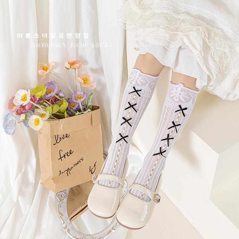 Girls Over The Knee High Socks Retro Stripes Hollow Mesh Cute Bowknot Princess Baby Kids Long Stockings