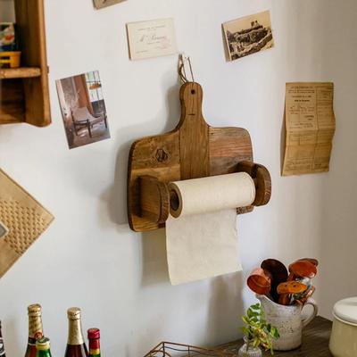Natural Old Wood Roll Paper Kitchen Tissue Holder,Restaurant Cutting Board Kitchen Rack Decoration, Cloth Wall Hanging Rack