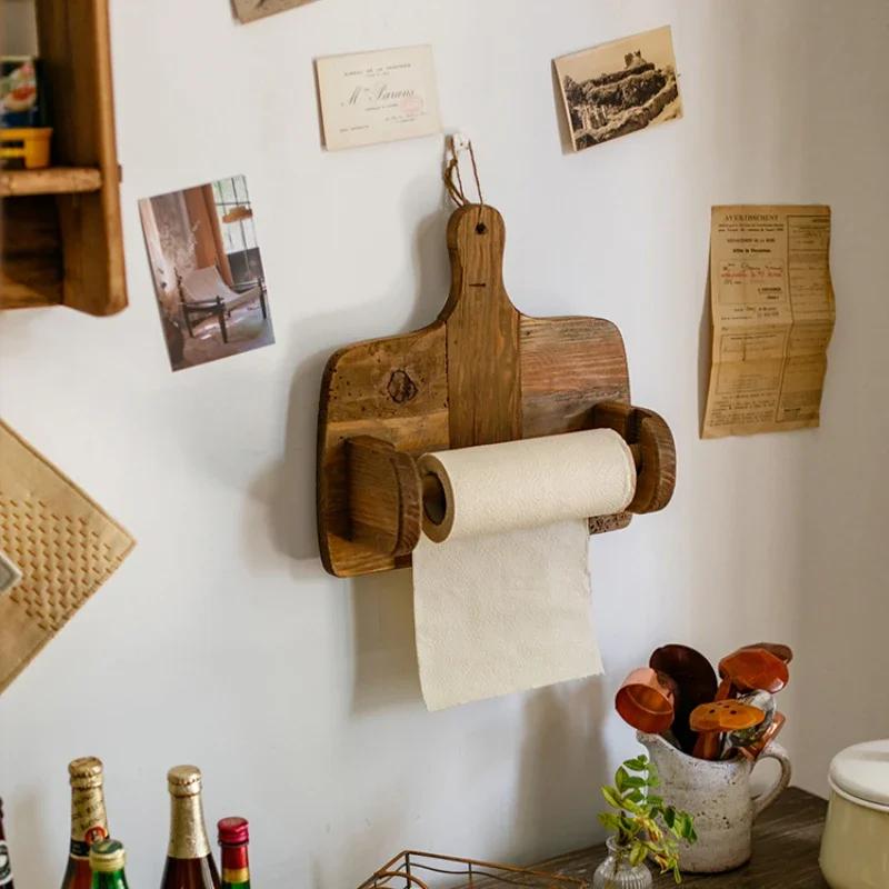 Natural Old Wood Roll Paper Kitchen Tissue Holder,Restaurant Cutting Board Kitchen Rack Decoration, Cloth Wall Hanging Rack