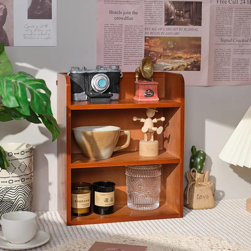 Solid wood cosmetics storage rack Desktop cup sample storage box Multi-layer wooden retro storage rack