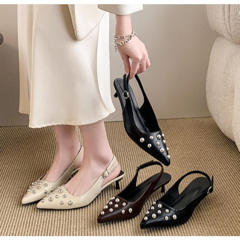 2025 Women's High Heels Pointed Toe Cover Toe Side Cutout Women Heels Solid Studs Thin Heels Leisure Dress Sandalias De Mujer