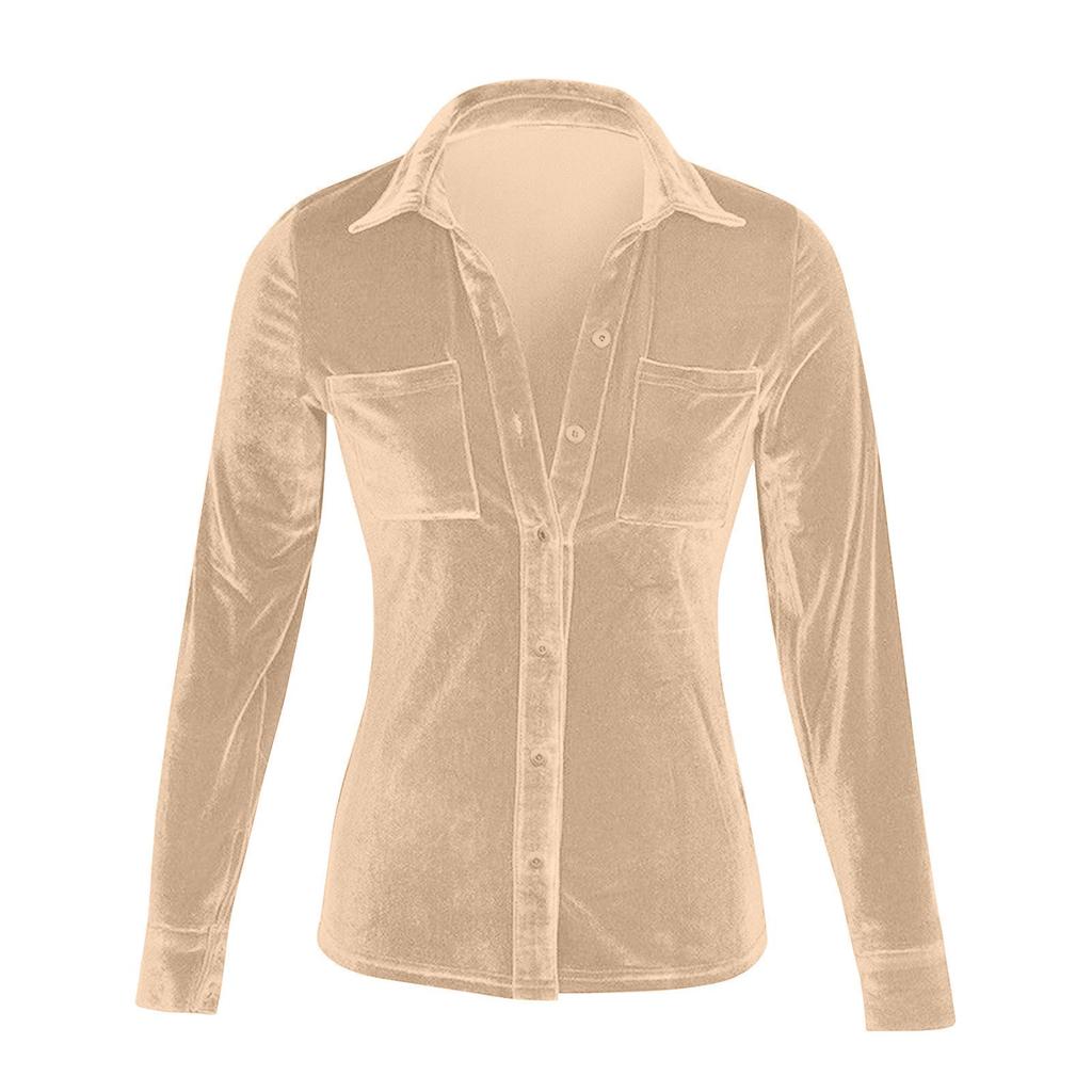 Women's Winter Fashion Velvet Long Sleeve Button Pocket Casual Shirt Top