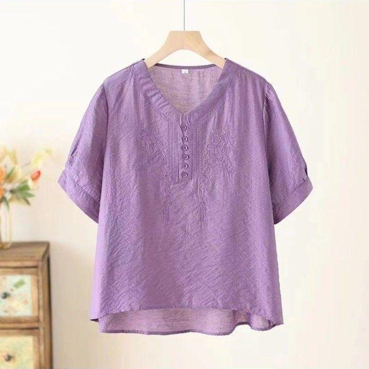 Women's Tencel Linen Embroidered Short-Sleeve Top & Pants Set for Summer - Middle-Aged Mother's Style.