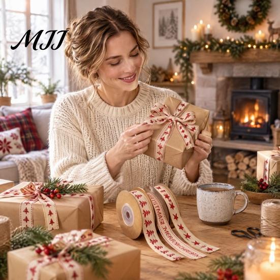 Decorative Ribbon for Holiday Wreaths Christmas Packaging Ribbon, Cotton And Faux Linen Fabric Roll Crafting Decor Gift Wrapping, Floral Arrangement