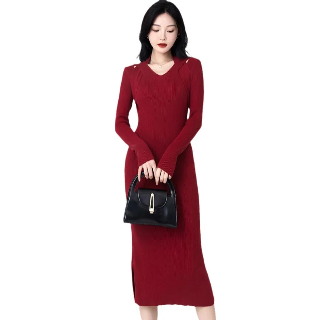 Elegant Women's Knit Dress Temperament Retro Neck Knit Dress Fall Winter Fashion Women's Inside Take Long Sleeved Sweater Skirt Dresses for Women 2025