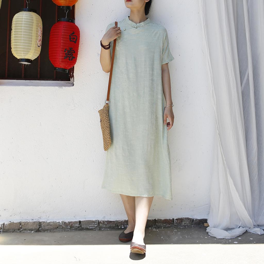 Johnature Vintage Stand Short Sleeve Dress For Women Solid Color Summer A-Line Chinese Style Female Dress