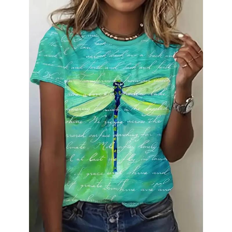 Women s Plus Size T-shirt New Round Neck 3D Dragonfly Print T-shirt Summer Fashion Short Sleeved Top Summer Top Women s Clothing XS