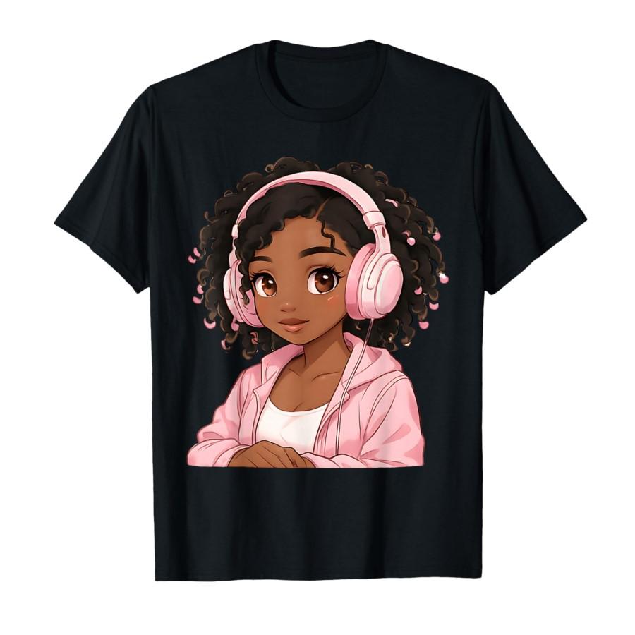 Anime Music Black Girl Anime Merch Afro African American T-shirt For Men Women 100% Cotton T Shirts Short Sleeve Tops 0225-2 ... S разноцветный