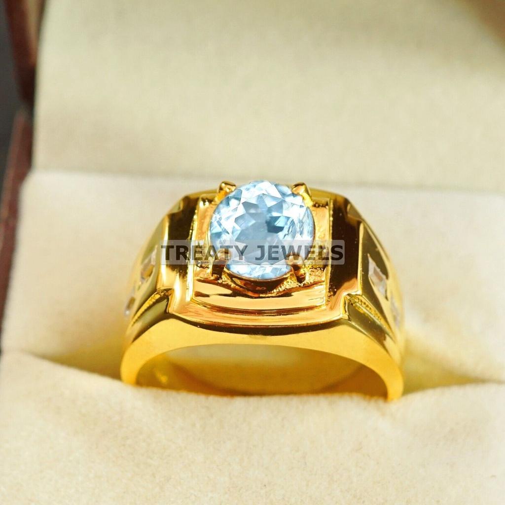 Aquamarine Oval Cut With 925 Sterling Silver Gold Plated Ring For Men's #A736 JL375659042889