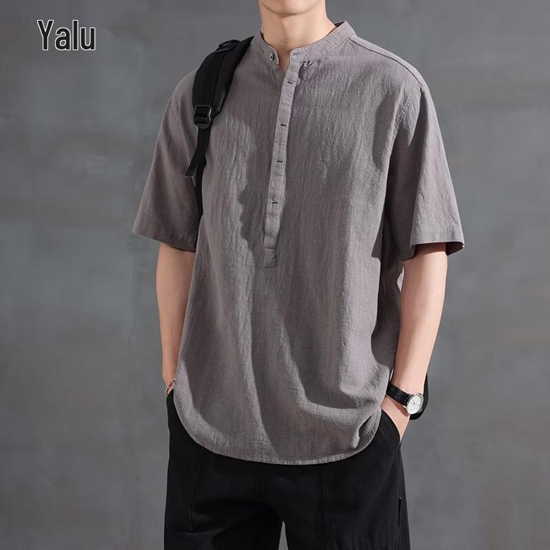 Yalu Men's Henley Linen Blend Short Sleeve Shirt