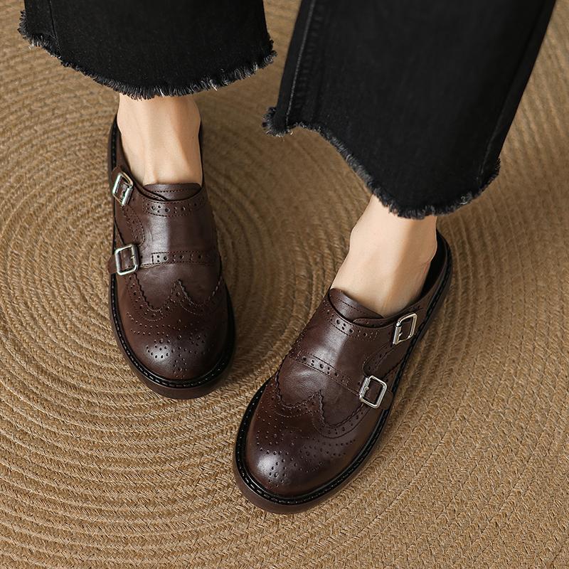 Fashion 2025 New Genuine Leather Retro Loafers Woman Sandal Round Toe Slip-on Casual Shoes Spring Summer Shoes Outdoors Walk Shoes Woman