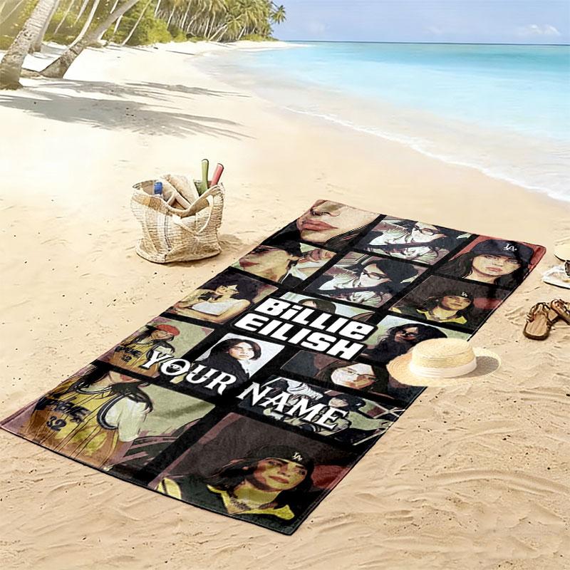 Billie Eilish Custom Name Print Beach Towel, Large Soft Quick Dry Towel for Beach Camping Swimming