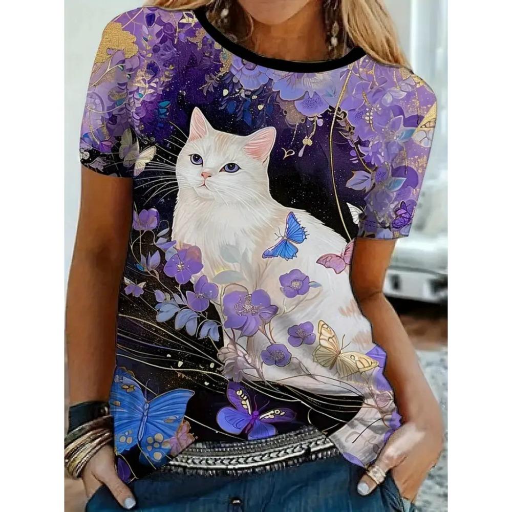 Women's round neck T-shirt Summer casual fashion short-sleeved top 3D cat print animal pattern Large Size Women's Clothing