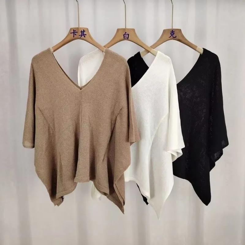Women s Contrast V-Neck Knit Top Batwing Sleeve Oversized Casual Loose Tops OneSize белый