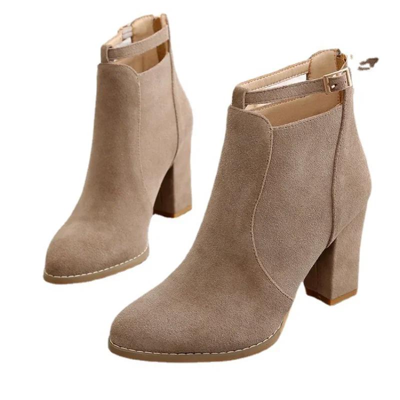 Fashion Woman Suede High Heel Ankle Boots British Style Fashion Thick Heel Pointed Back Zipper Boots Women Square Heeled Short Booties