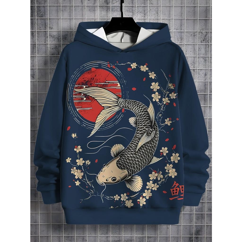 Black 3D Printed Casual Pullover, Long Sleeved Sportswear, Boys' Outdoor Casual Hoodie Top - Fashionable and Cool