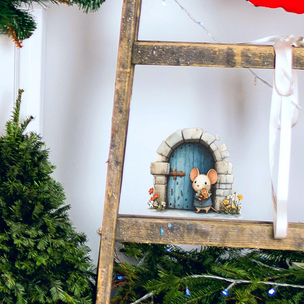 Cartoon Mouse Holding Flowers at Mouse Hole DIY Removable Wall Sticker for Bedroom Living Room Home Decor