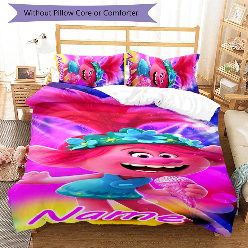 3pcs Custom Name Trolls Bedding Set Duvet Cover Closure Includes 1 Duvet Cover & 2 Pillowcases for All Seasons Bedroom Decor