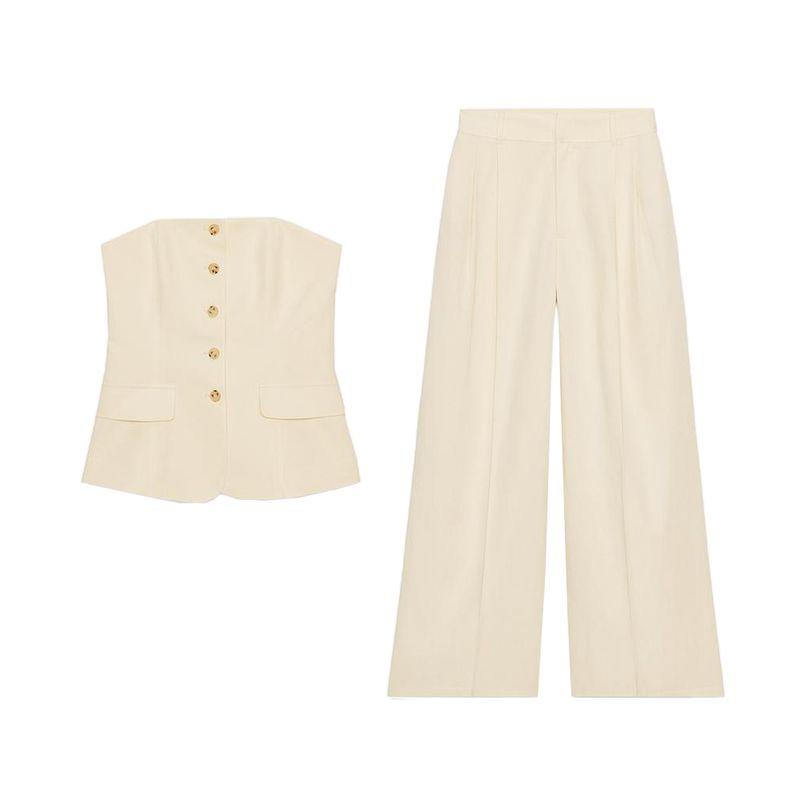 Button Vest Style off-the-Shoulder Tube Top Tops 5063731 High Waist Wide Leg Drape Pleated Pants 1255521