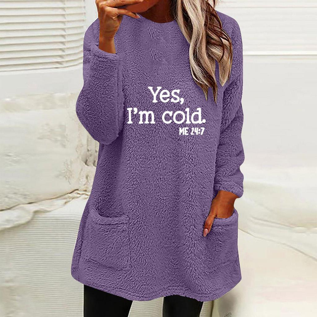 Women's Embroidered Letter Plush Hoodie - Round Neck, Loose Fit, Long Sleeve, with Pockets for Autumn/Winter