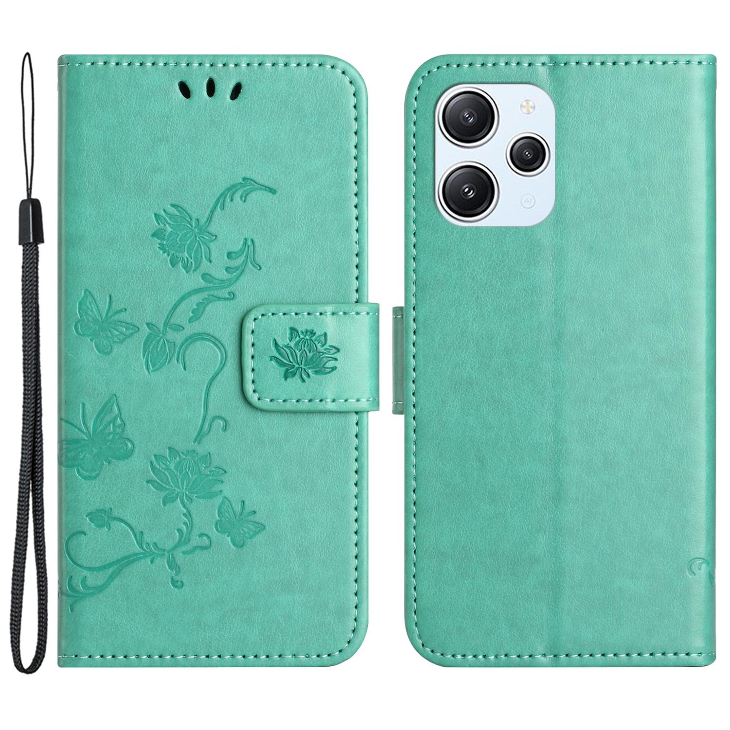 

For Xiaomi Redmi 12 4G Wallet Stand Phone Case Butterfly Flower Imprinted PU Leather Cover Cyan