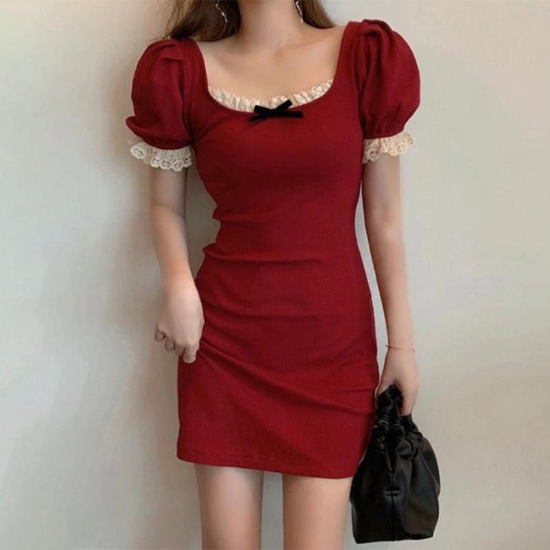 

Женское летнее хлопковое плотное сексуальное платье на бедрах в Корейском стиле с квадратным воротником и кружевным винтажным платьем красного цвета XL вино красного