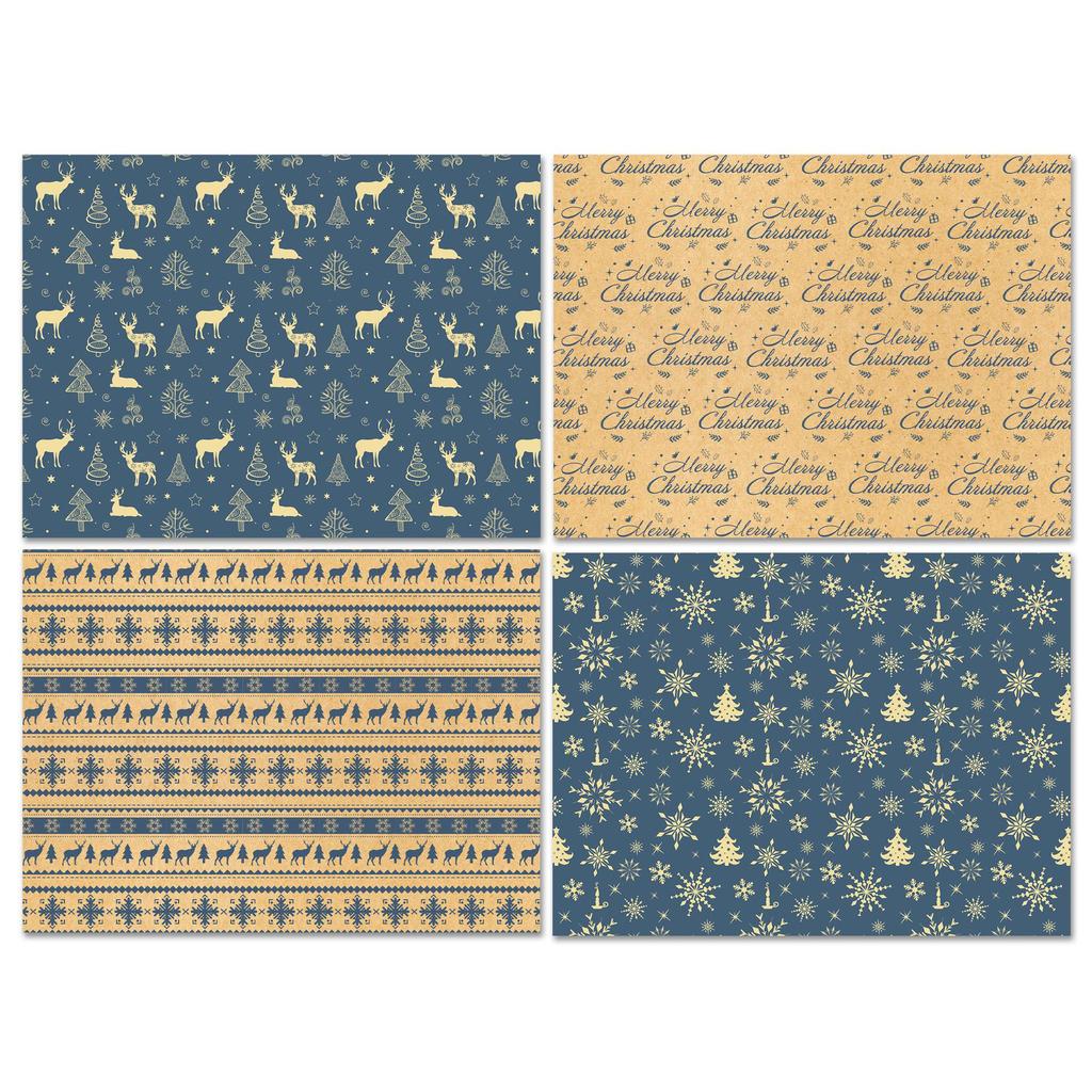 12 Sheets/set Christmas Wrapping Paper Reindeer Snowflakes Christmas Tree Pattern Kraft Paper Festival Gift Decorative Paper