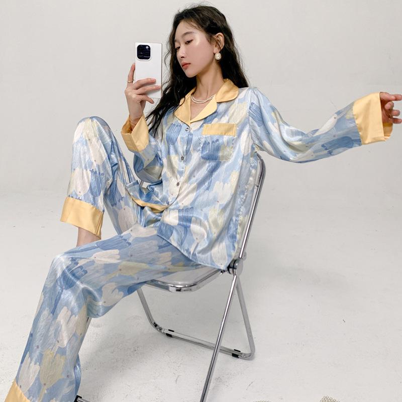 Women's pajamas new spring and summer ice silk comfortable and high-end new Chinese style loungewear set retro thin