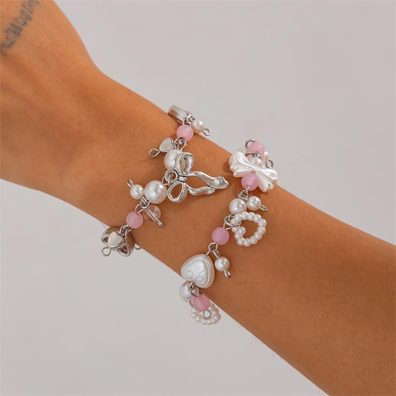 1/2 Pcs Bow Love Pendant Imitation Pearl Beaded Bracelet  Trendy Women Bracelet Girly Sweet Y2K Jewelry Accessories Gifts