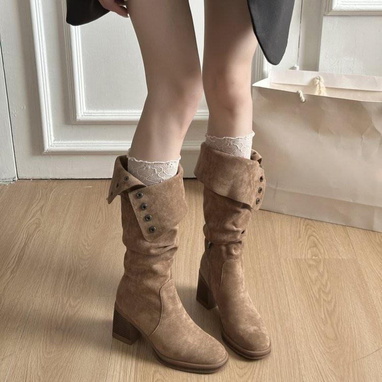 Vintage Suede Two Wear Boots Women's Season High Heel Pile Boots Tall Western Boots
