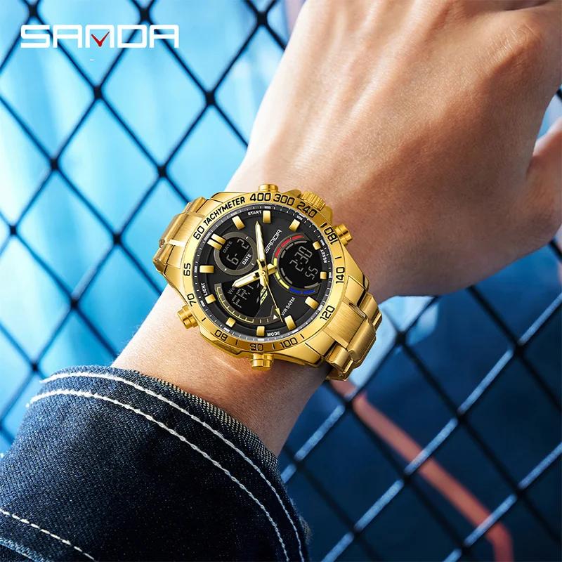 SANDA Dual Display Electronic Watch Men's Dual Movement 5ATM Waterproof Stainless Steel Three Ground Time Teenager Sports Watch