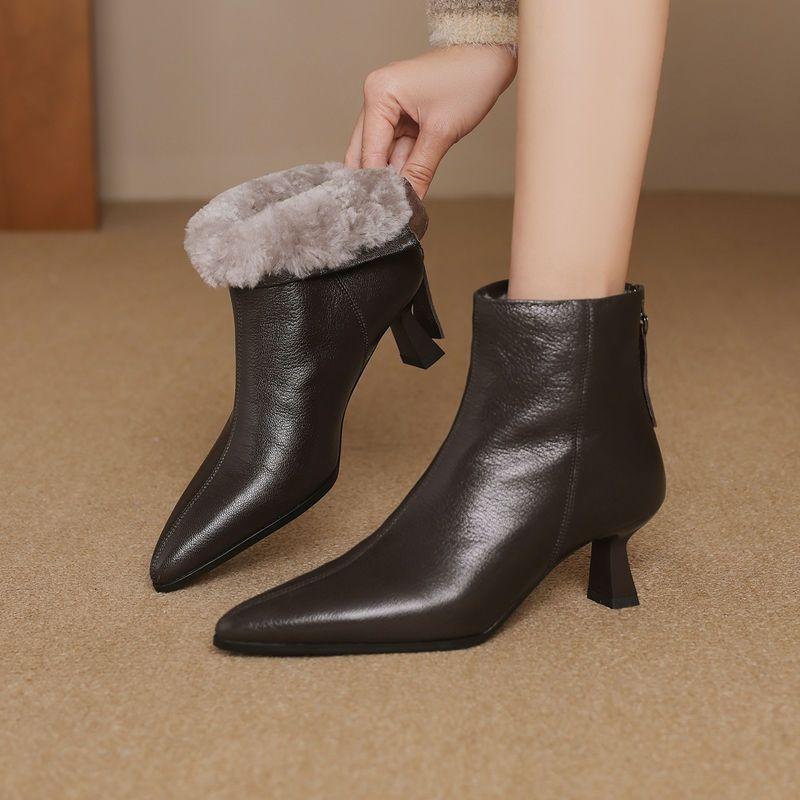 Winter High Heels Women's Leather Pointed Toe Stiletto Short Boots Temperament Brown Lamb Wool Snow Boots Women's Boots