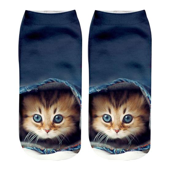Cute 3D Cat Animal Print Women Breathable Polyester Elastic Low Cut Ankle Socks