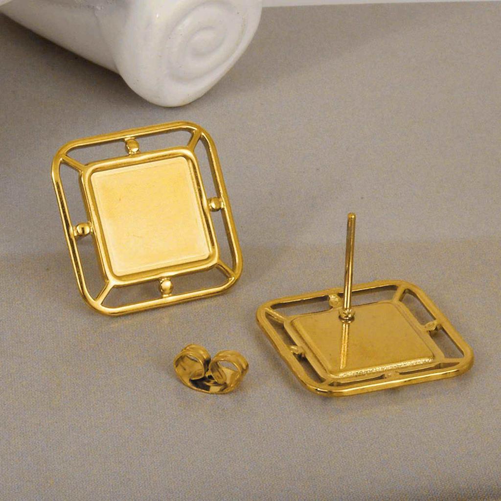 Geometric Round Square Heart Snake Blank Settings Cobochons Stainless Steel Ear Studs For Women Men Real Gold Plated DIY Jewelry