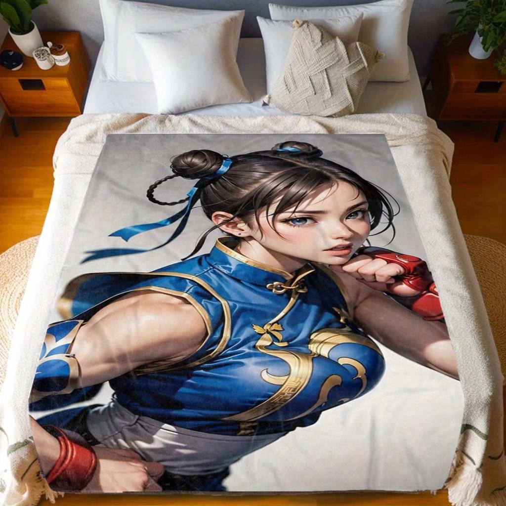 Anime Chunli Theme Pattern Flannel Printed Blanket Suitable For All Seasons Suitable For Living Room Office Sofa And Travel