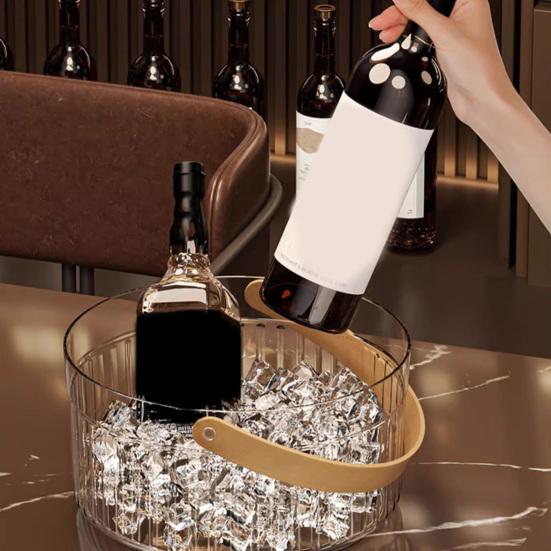 Yangyizhi Ice Bucket with Faux Leather Handle, Thickened Plastic Beer Wine Cooler for Party, Clear Beverage Container Outdoor Picnic, Bar KTV Decor