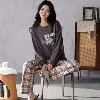 Women's Long-sleeved Comfortable Breathable Homewear Simple Loose Round Neck Four Seasons Top + Pants Thin Section Two-piece Set