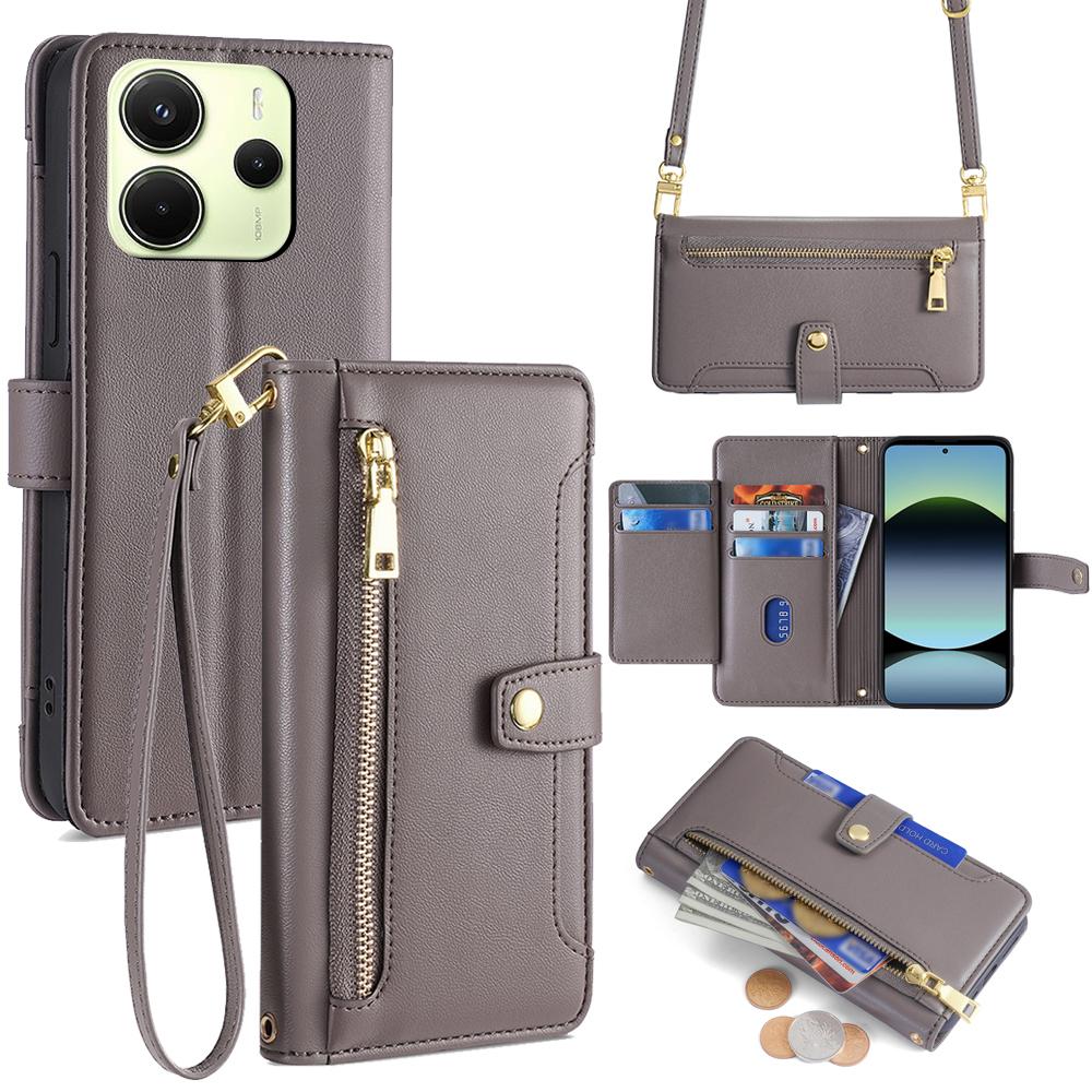 

Для Xiaomi Redmi Note 14 4G (163,25 мм) Чохол Гаманець на блискавці Шкіряний Чохол для телефону з 2 ремінцями Grey